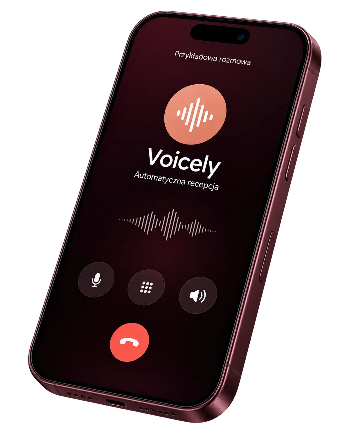 Burgundowy iPhone z ilustracją przykładowej rozmowy z Voicely.